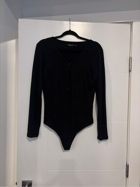 Abercrombie & Fitch Heathered Navy V-Neck Long-Sleeve Bodysuit Sweater